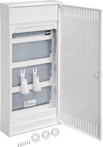 Ein geöffneter weißer Elektrikverteilerkasten mit mehreren Montageschienen und Zubehörteilen darunter.