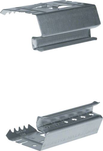 Zwei Metallverriegelungen mit gezackten Kanten, vermutlich zum Befestigen von Materialien oder als Verbindungselemente.