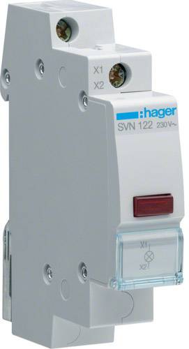 Ein weißer elektrischer Schalter von Hager mit der Aufschrift 'SVN 122 230V~', roter Tastenknopf und beschrifteter Anschlussleiste.