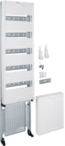 Weiße Verteilerkasten-Abdeckung mit integriertem Rahmen, abnehmbarer Frontplatte und Montagematerialien für Installation.