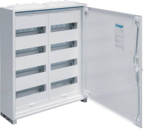 Offener weißer Schaltschrank mit mehreren Fächern und einem Etikett der Marke 'hager' auf der Innenseite der Tür.