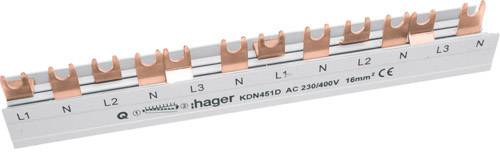 Phasenschiene mit mehreren Kupferkontakten, bezeichnet mit 'L1', 'N', 'L2', 'N', 'L3', 'N'. Produkt von Hager für Elektroinstallationen.