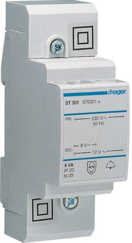 Ein Transformator von Hager, Modell ST 301, zur Umwandlung von 230 V AC auf 8 V oder 12 V. Geeignet für Niederspannungsanwendungen.