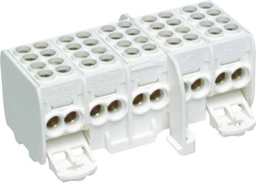 Weiße elektrische Lüsterklemme mit mehreren Anschlussklemmen. Ideal zum sicheren Verbinden von elektrischen Leitungen.