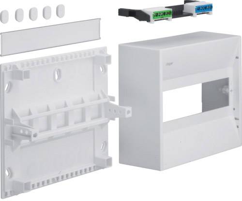 Elektronik-Bausatz mit Kunststoffgehäuse, Frontabdeckung, Montageplatte und Anschlusssteckern. Komponenten sind modular aufgebaut.