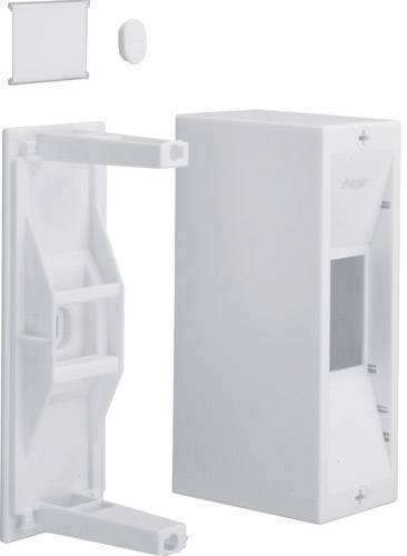 Weiße, rechteckige Kunststoffabdeckung und Halterung, möglicherweise Teil einer elektronischen Vorrichtung oder eines Installationssystems.