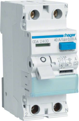 Ein weißer FI-Schutzschalter von Hager mit blauer Testtaste und der Beschriftung 'CDA 240D 40 A/40 mA', zur Absicherung elektrischer Stromkreise.
