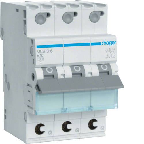 Ein dreipoliger Leitungsschutzschalter, Modell Hager MCS 316 B16, mit Kippschaltern und Beschriftungen in Blau und Grau.