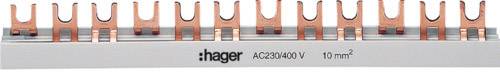 Stromschiene von Hager, Modell AC230/400 V, Querschnitt 10 mm², bestehend aus Kupferverbindungen zur Verteilung elektrischer Energie.