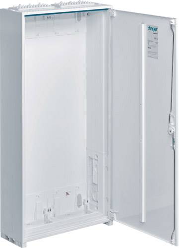 Geöffnetes, leeres elektrisches Schaltschrankgehäuse von Hager, zeigt Innenstruktur und Tür mit befestigtem Schaltplan.