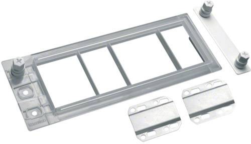 Ein transparenter, rechteckiger Kunststoffrahmen mit vier Fächern und zwei abnehmbaren metallischen Platten mit Befestigungsschrauben.