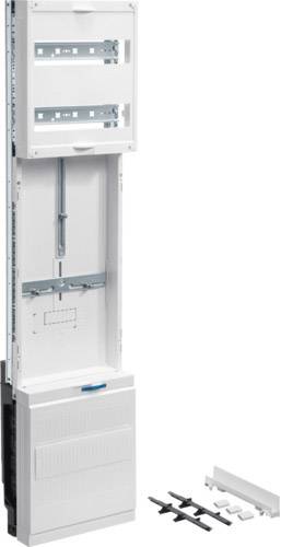 Elektrischer Verteilerkasten mit offenem Design, zeigt zwei Reihen für Sicherungsautomaten und Zubehörteile auf der Seite.