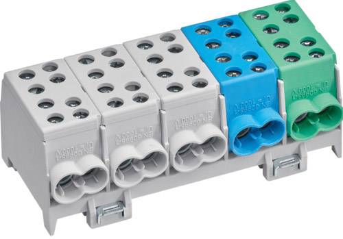 Mehrpolige Anschlussklemme mit vier Einheiten in Grau, Blau und Grün, zur Verdrahtung von elektrischen Leitungen.