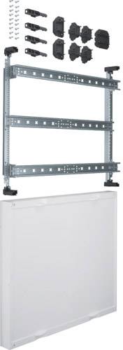 Metallrahmen-Kit mit Schrauben, Halterungen und Abdeckplatte, vermutlich für die Montage oder Integration in elektrischen Schaltschrank.