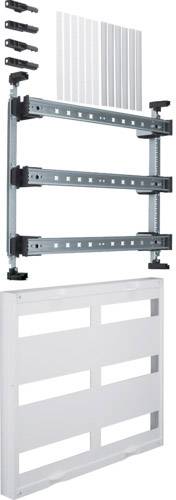 Befestigungsschiene und Abdeckung für Elektroschalttafel, bestehend aus Halterungen, Schienen und Frontplatte, zur Montagevorbereitung.