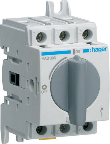 Ein elektrischer Hager-Schalter mit den Positionen 'ON' und 'OFF', Modellnummer HAB 306.