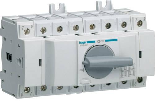 Schalter mit Drehgriff zur Regelung elektrischer Kreisläufe, markiert mit '0' und '1' für Aus- und Einschalten, Hersteller: Hager.