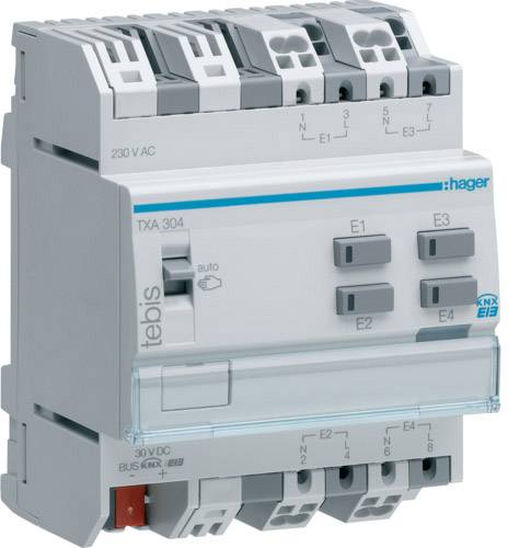 Ein Hager KNX-Schaltaktor TXA304, 4-fach, zur Steuerung elektrischer Geräte. Geeignet für Gebäudesteuerungssysteme.