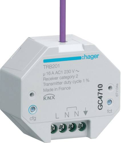 Ein weißes elektrisches Bauteil mit der Aufschrift 'TRB201'. Es hat Anschlüsse für elektrische Kabel und ist für KNX-Systeme geeignet.
