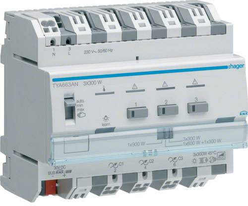 Ein elektronisches Gerät mit mehreren Schaltern und Beschriftungen. Es zeigt 'Hager', 'TYA663AN', und technische Details zur Leistung.