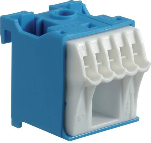 Ein blauer und weißer elektrischer Anschlussblock mit vier Kabelklemmen, geeignet für die sichere Verbindung von Drähten.