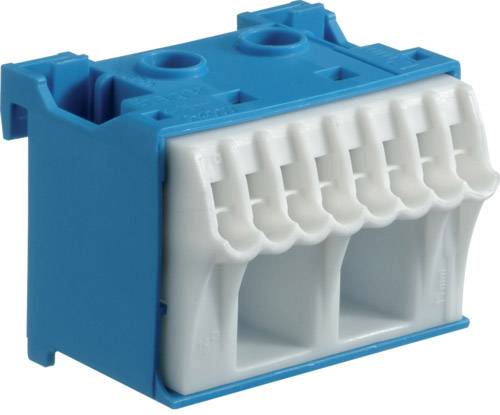 Ein blauer elektrischer Steckverbinder mit fünf weißen Anschlüssen.