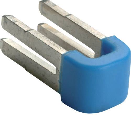 Blauer Jumper mit Metallpins, der für das Verbinden von Schaltkreisen auf Leiterplatten verwendet wird.