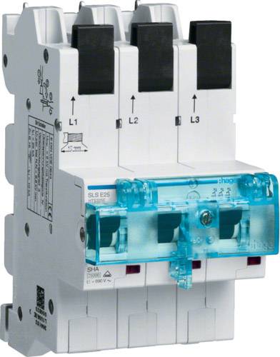 Ein dreipoliger Leitungsschutzschalter mit blauer Kunststoffabdeckung, zeigt die Phasen L1, L2 und L3. Verwendet für elektrische Sicherheit.