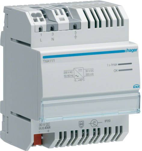 Ein KNX-Busmodul von Hager, Modell TXA111, für stromsparende Hausautomatisierung. Es zeigt Anschlüsse, Spannungsspezifikationen und Schutzgrad IP20.