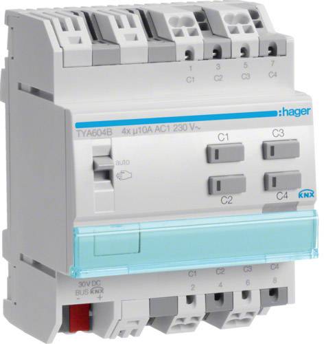 Elektrisches Schaltgerät von Hager mit mehreren Schaltern und einem blauen Lichtstreifen, verwendet für Stromverteilung und Steuerung.