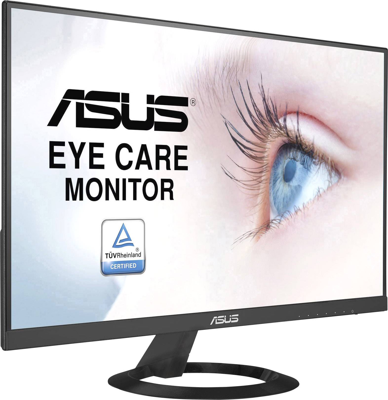'ASUS Eye Care Monitor' mit TÜV Rheinland Zertifizierung. Nahaufnahme eines Auges auf dem Bildschirm, Monitor mit schwarzem Standfuß.