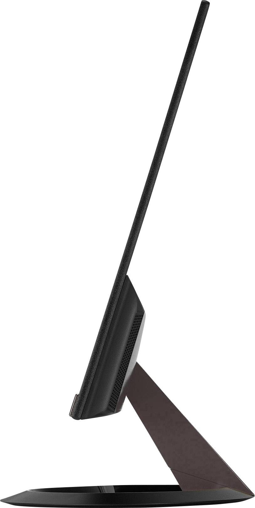 Ein ultraschlanker Computerbildschirm im Seitenprofil, montiert auf einem eleganten, modernen Standfuß.