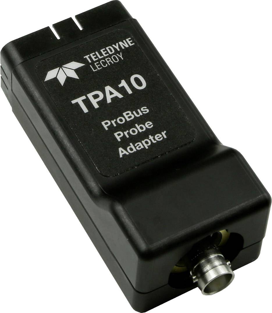 'Teledyne LeCroy TPA10 ProBus Probe Adapter' in schwarzem Gehäuse, ermöglicht den Anschluss von Messsonden an Geräte.