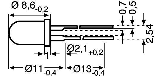 Technische Zeichnung einer LED mit Abmessungen: Länge 8,6 mm, Durchmesser 11 mm und 13 mm, Beinlänge 2,54 mm, Beinbreite 0,7 mm.