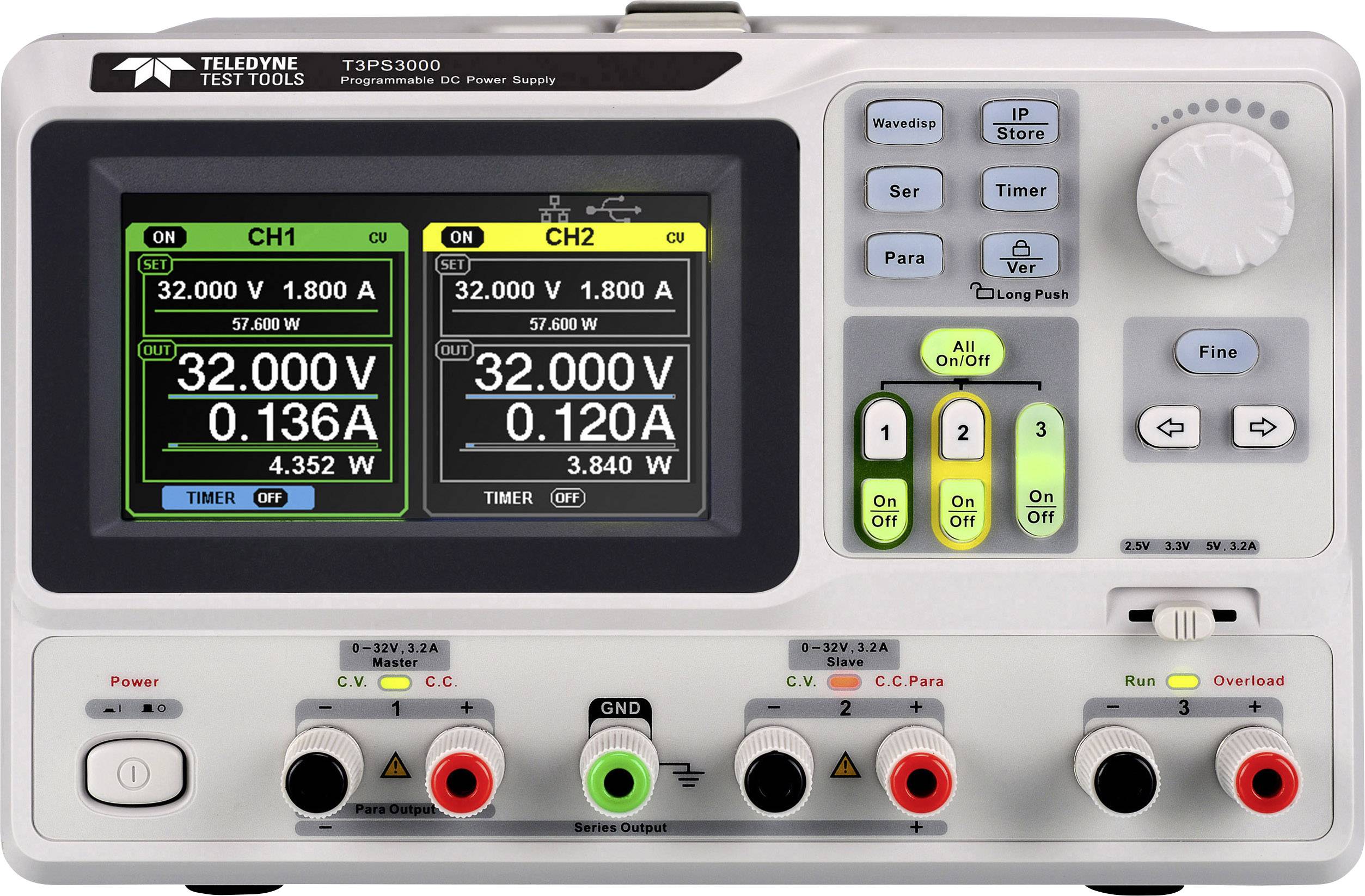 Ein Labornetzgerät mit zwei digitalen Anzeigen zeigt Spannungen von 32.00V und Ströme von 1.800A auf jeweils zwei Kanälen an.