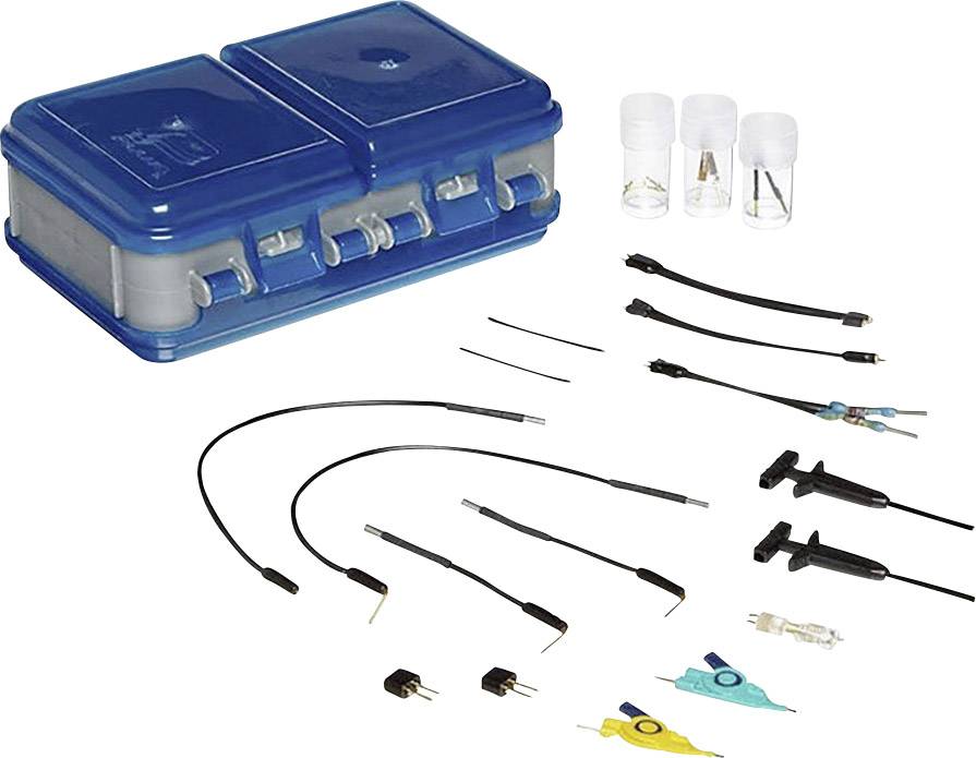 Ein Diagnosekit mit blauer Box, verschiedenen Kabeln und Adaptern für elektronische Tests. Geeignet für professionelle Anwendungen.