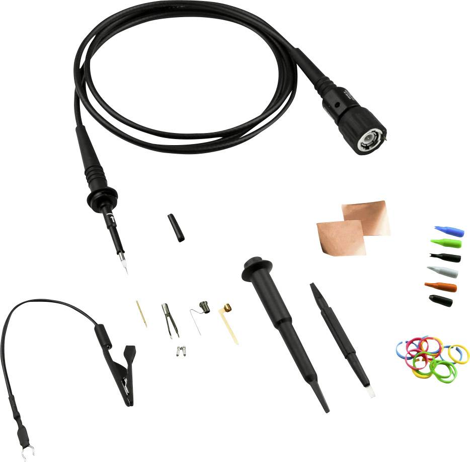 Oscilloskop-Tastkopf-Set mit Kabel, Greifklemme, diversen Sonden und farbigen Markierungen. Ideal für präzise elektronische Messungen.