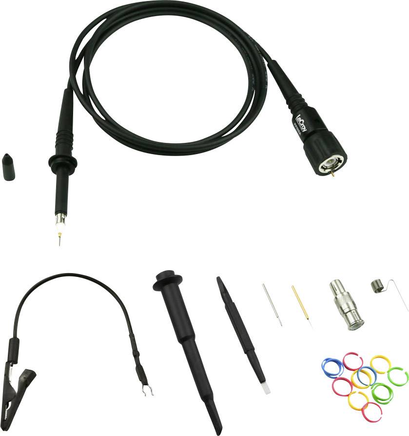 Messleitungen mit Zubehör: Messspitzen, Hakenklemmen und farbige Markierungsringe zur elektrischen Signalprüfung und -diagnose.