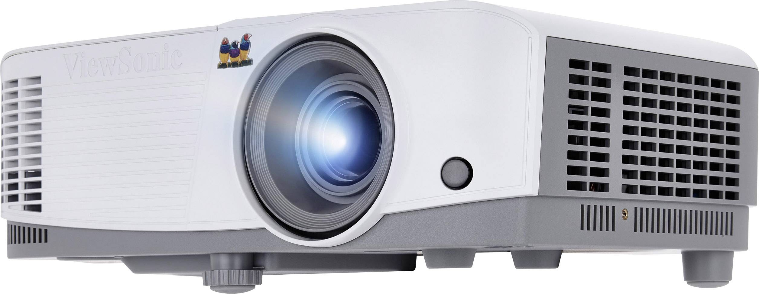 Ein weißer Projektor mit blau leuchtendem Objektiv, von der Marke 'ViewSonic'. Gerät steht auf einer Oberfläche.