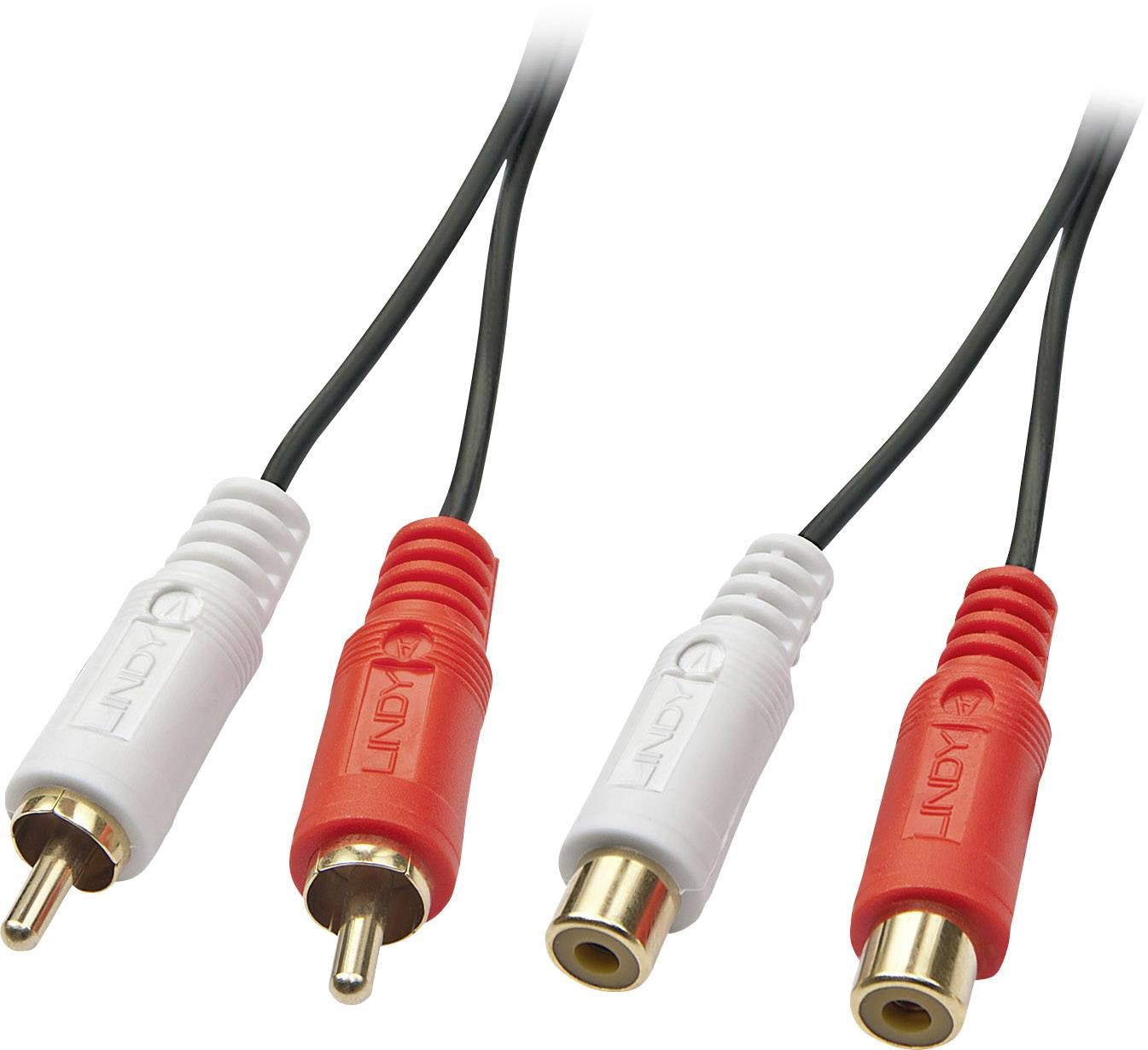 Zwei Audiokabel mit roten und weißen Steckern. Die roten Stecker sind männlich und weiblich, genauso wie die weißen.