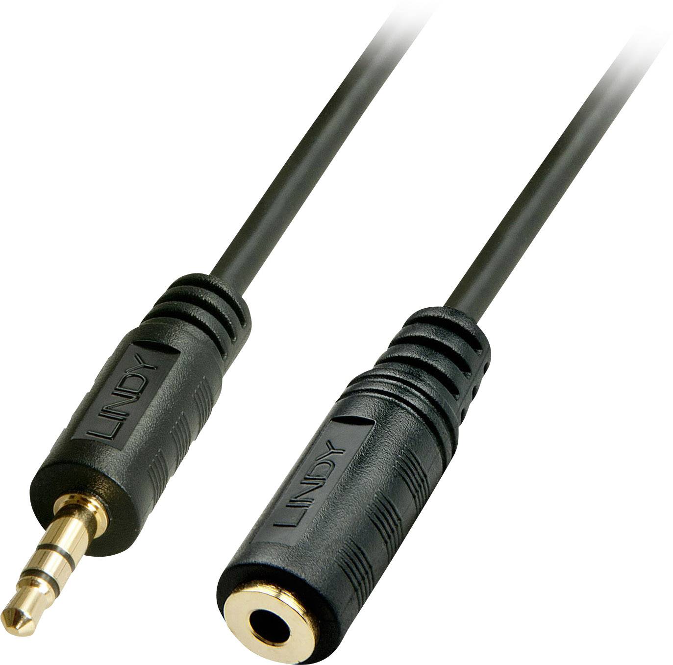 Ein schwarzes Audiokabel mit einem 3,5-mm-Stecker links und einer Buchse rechts. Geeignet für Kopfhörer oder Lautsprecher.