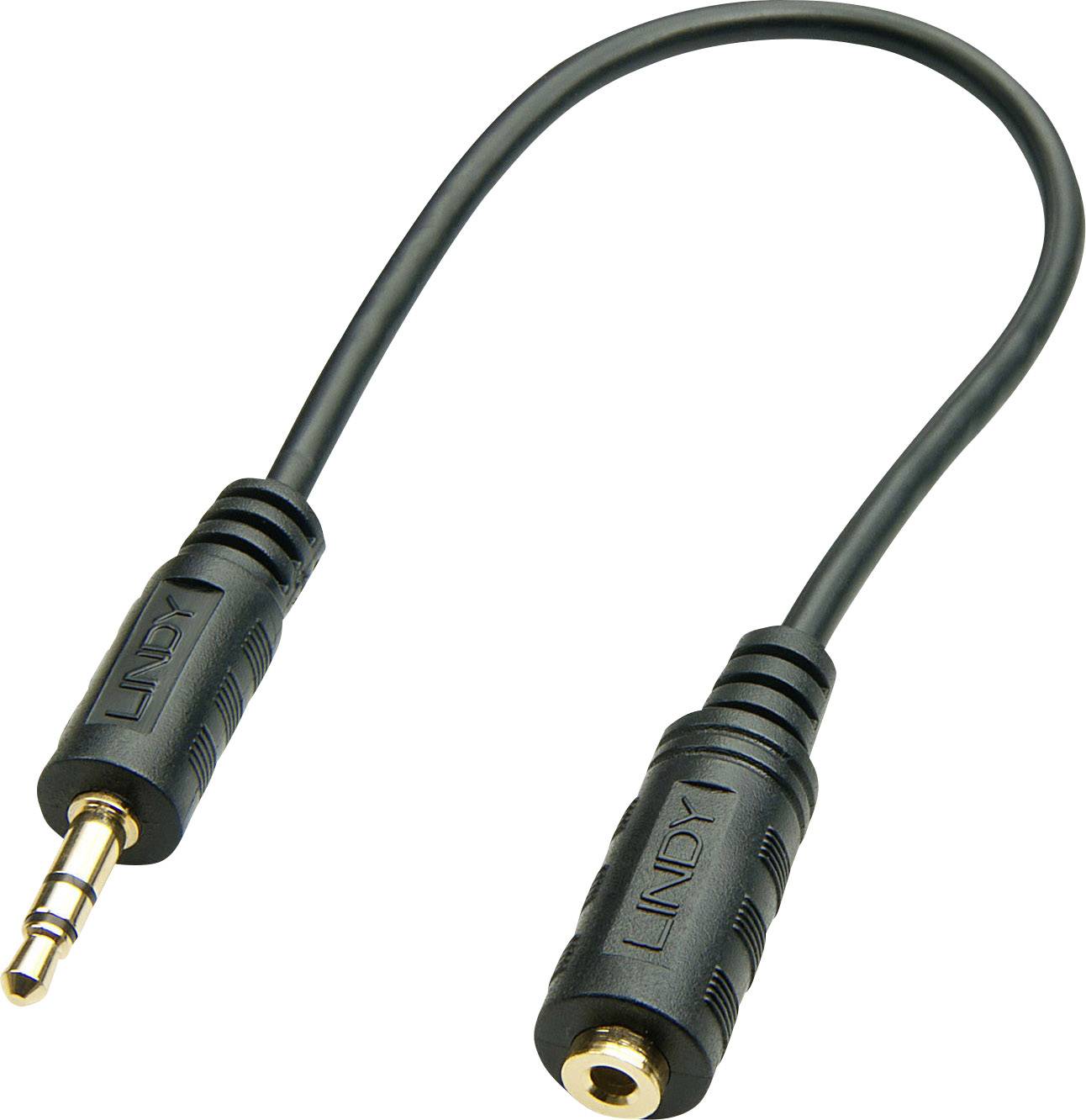 Ein schwarzes Audiokabel mit einem 3,5-mm-Klinkenstecker auf der einen und einer 3,5-mm-Klinkenbuchse auf der anderen Seite.