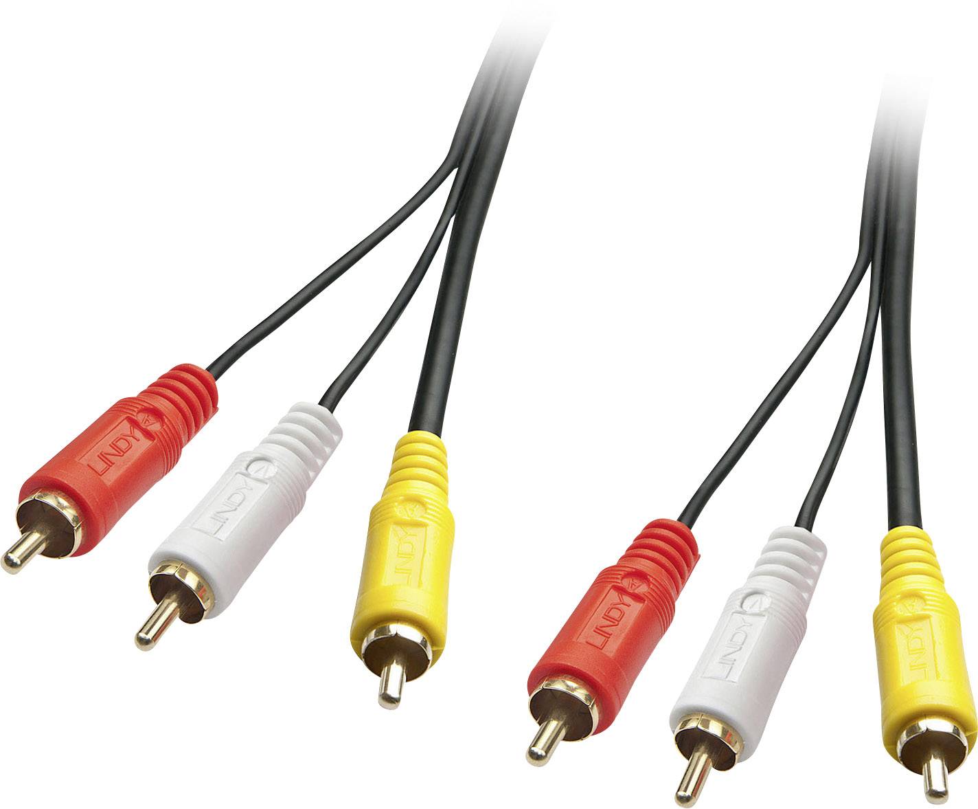 Drei farbige RCA-Steckerkabel in Rot, Weiß und Gelb, die für Audio- und Videoverbindungen verwendet werden.