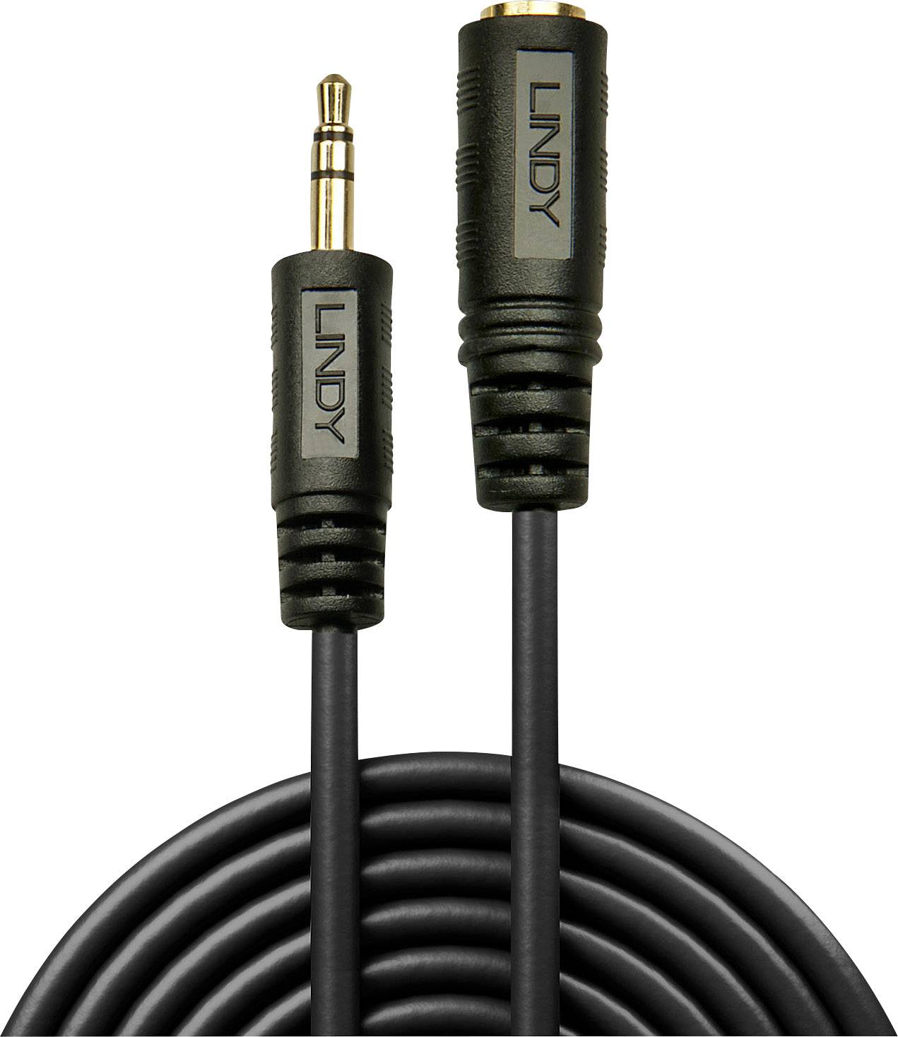 Ein schwarzes Audiokabel mit zwei Steckern unterschiedlicher Größe; links ein 3,5-mm-Stecker und rechts ein größerer Anschluss, beide mit dem Markennamen 'Lindy'.