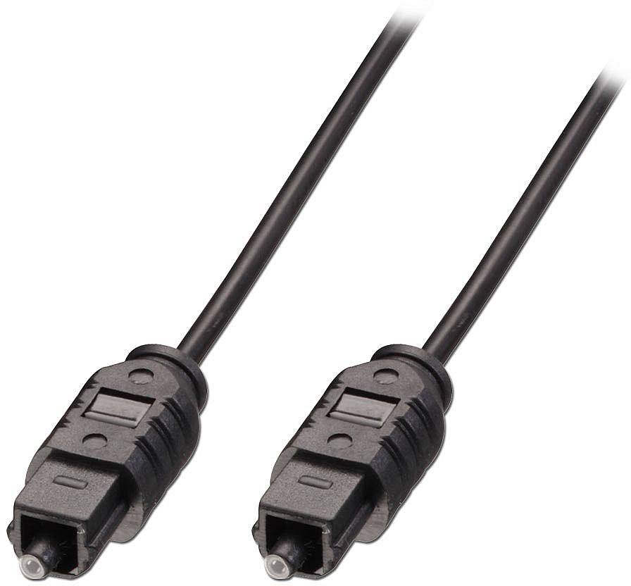 Zwei schwarze optische Audio-Kabel mit TOSLINK-Steckern an jedem Ende; ideal für digitale Audioverbindungen.