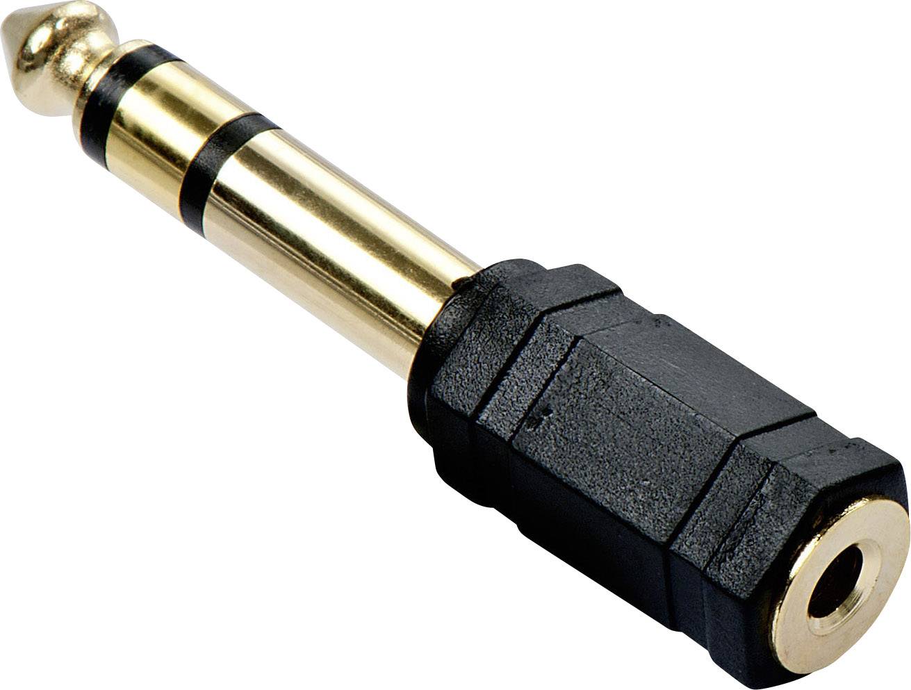Ein goldener 6,35-mm-Klinkenstecker mit einem schwarzen, sechseckigen Kunststoffgehäuse.