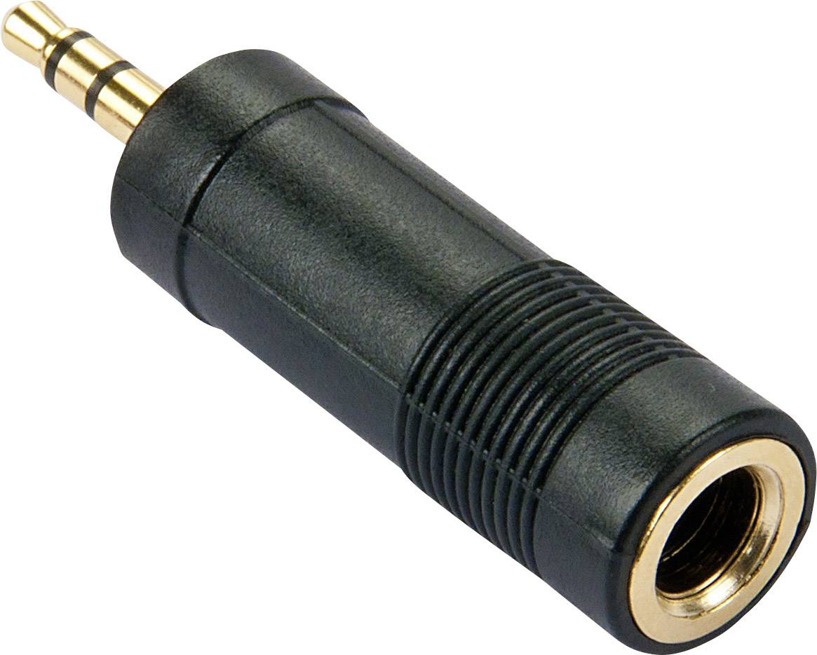 Schwarzer Audiostecker-Adapter mit 3,5 mm Buchse und Stecker, häufig zum Verbinden von Kopfhörern oder Audiogeräten verwendet.