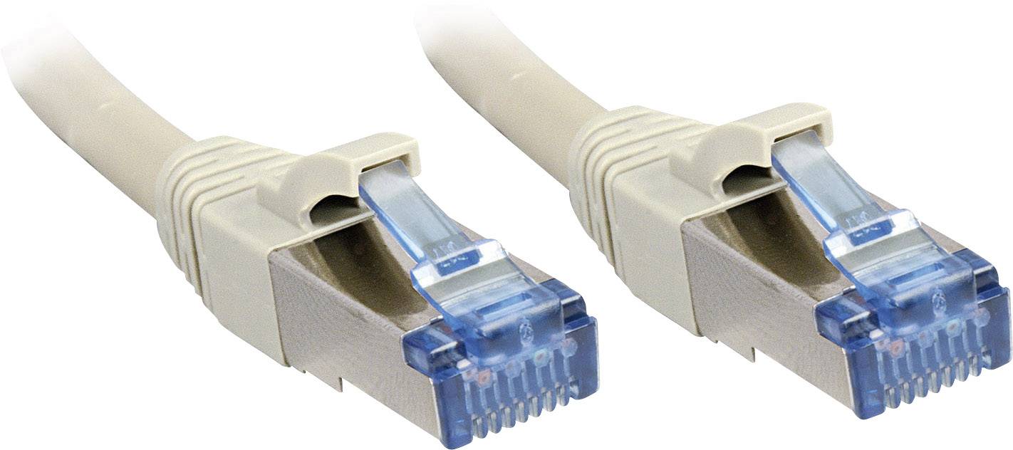 Zwei Ethernet-Kabel mit RJ45-Steckern, jeweils mit blauen Kunststoffverschlüssen, liegen nebeneinander.