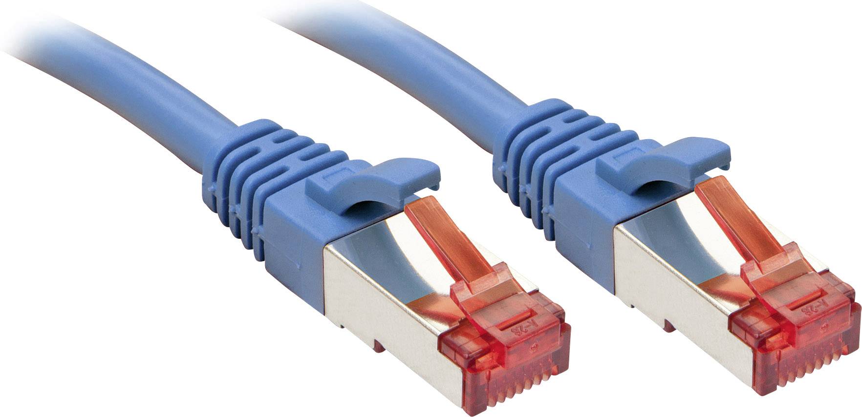Zwei blaue Ethernet-Kabel mit roten Steckern liegen nebeneinander. Sie sind für Hochgeschwindigkeitsnetzwerkverbindungen geeignet.