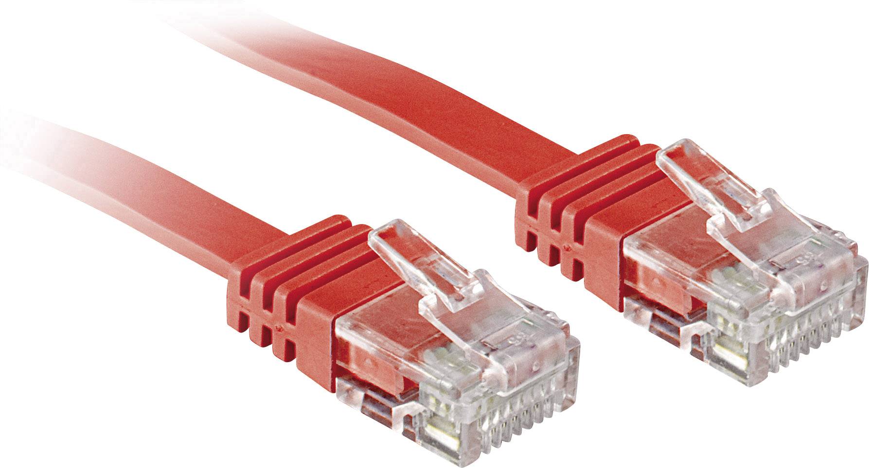 Zwei rote Netzwerkkabel mit transparenten Steckern, zur Datenübertragung in Computernetzwerken. Sie sind nebeneinander angeordnet.